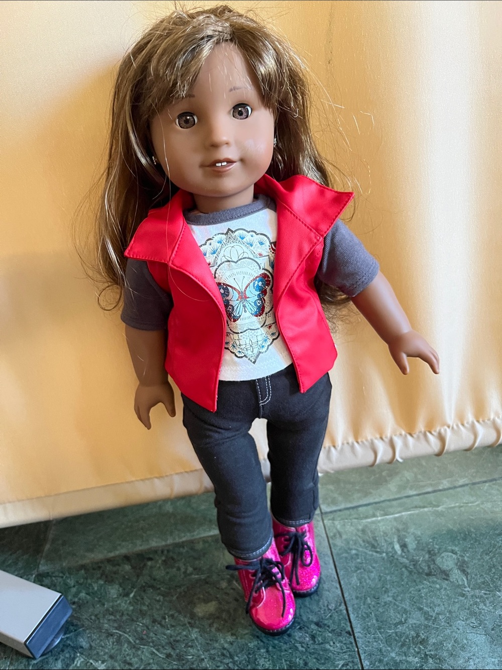 American Girl Red Vest Outfit with Pink Boots